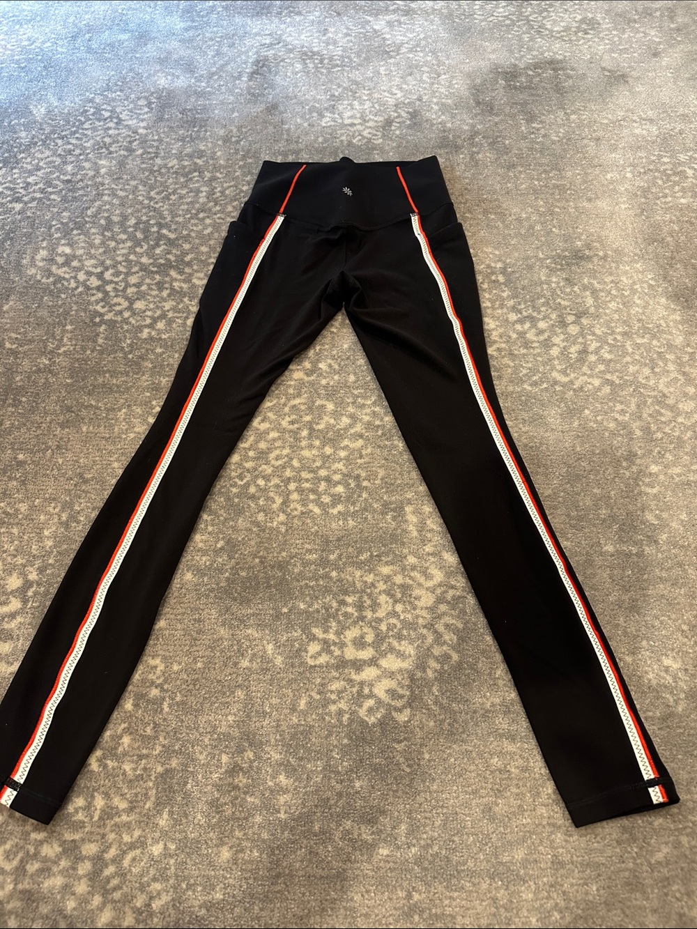 ATHLETA BLACK Leggings with Red & White back Stripes size xxs